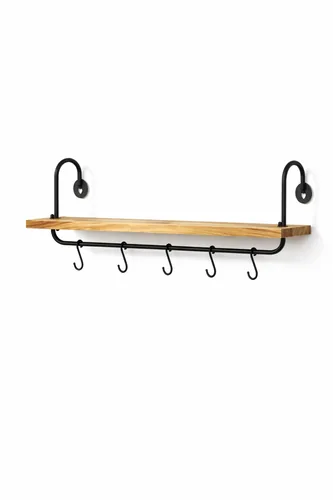 Rustic wood floating wall shelf with hooks