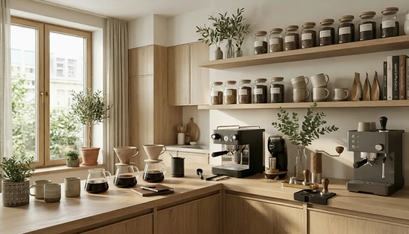 Wide panoramic Japandi coffee station with floating oak shelves, espresso machine, ceramic mugs, glass jars, pampas grass, natural wood and white tones, minimalist Scandinavian Japanese fusion