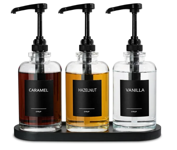 Glass syrup bottles with pump dispensers