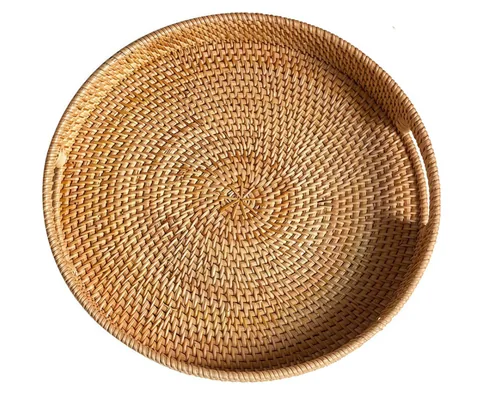Round woven rattan serving tray for coffee station