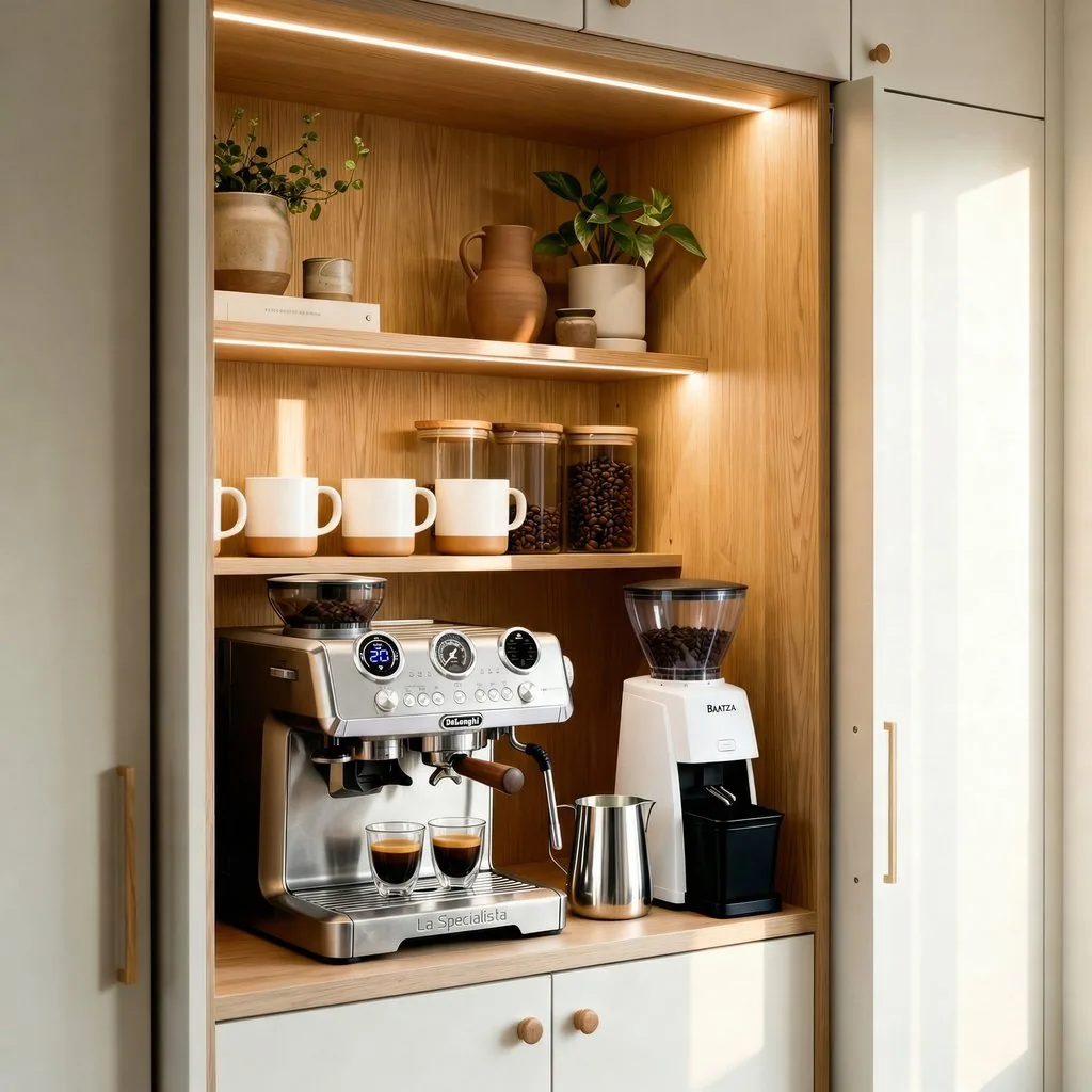 Japandi open cabinet coffee niche with warm LED lighting, espresso machine, ceramic mugs, glass canisters, natural wood interior, minimalist kitchen storage
