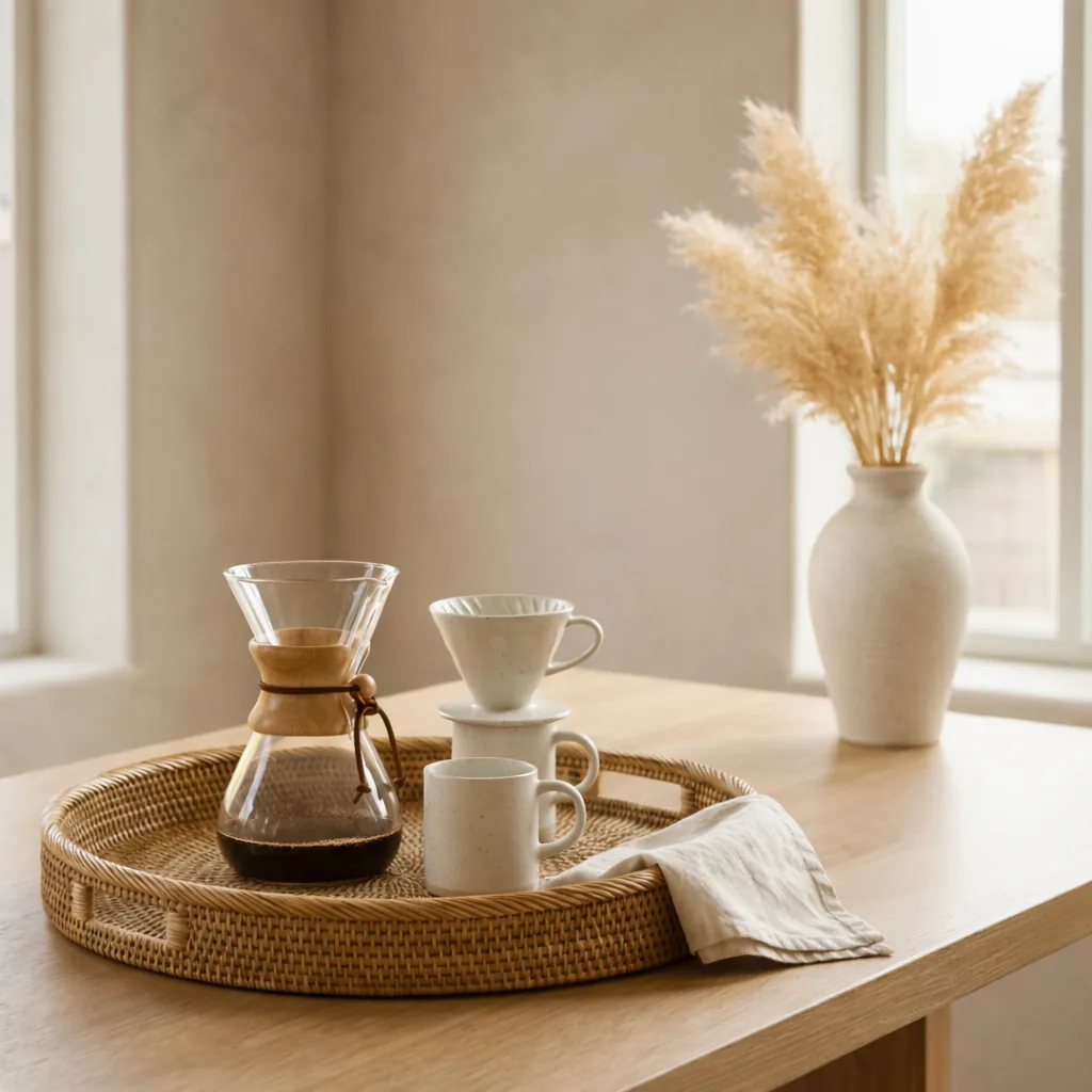 Woven rattan tray coffee ritual setup with pour-over dripper, glass carafe, ceramic cup, linen napkin, brass kettle, pampas grass, Japandi minimalist style
