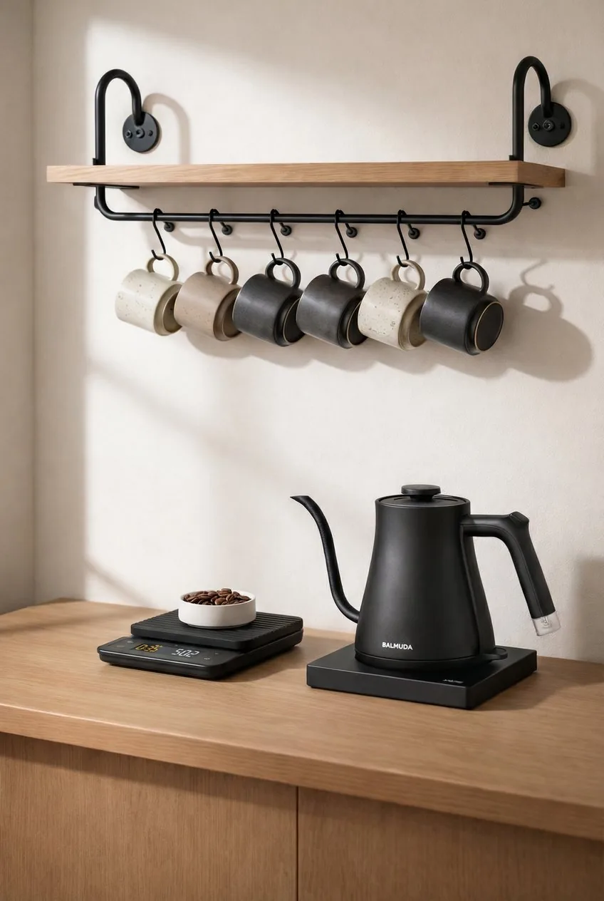 Oak floating shelf with brass hooks holding ceramic mugs, espresso machine, gooseneck kettle, kitchen scale, small plant, Japandi coffee corner