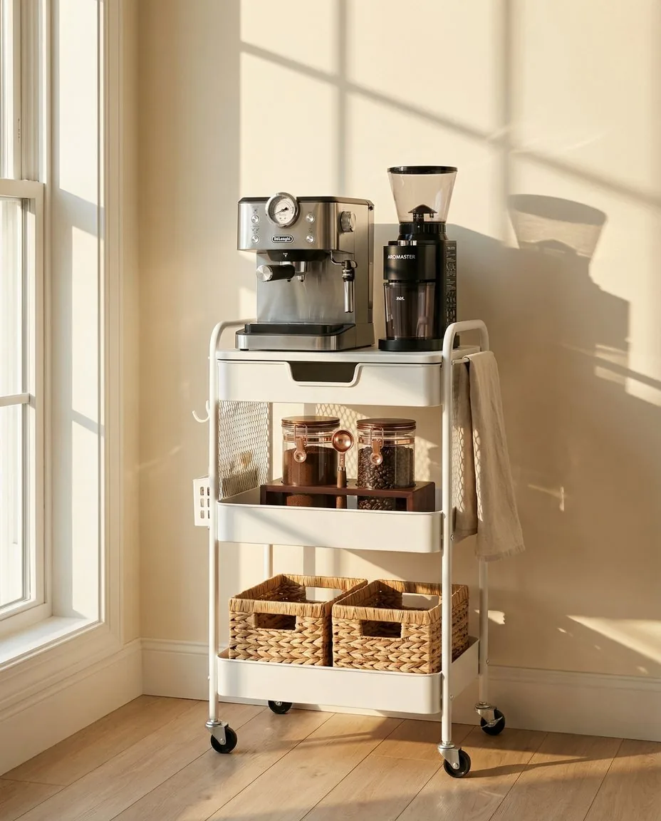 White three-tier rolling cart coffee station with espresso machine, coffee grinder, bean canister, woven baskets with mugs, Japandi kitchen organization