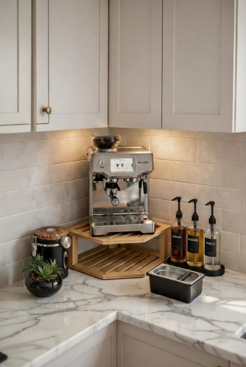 Kitchen corner coffee nook with espresso machine on wood riser, glass syrup bottles, ceramic mug, small plant, under-cabinet warm lighting, white tile backsplash