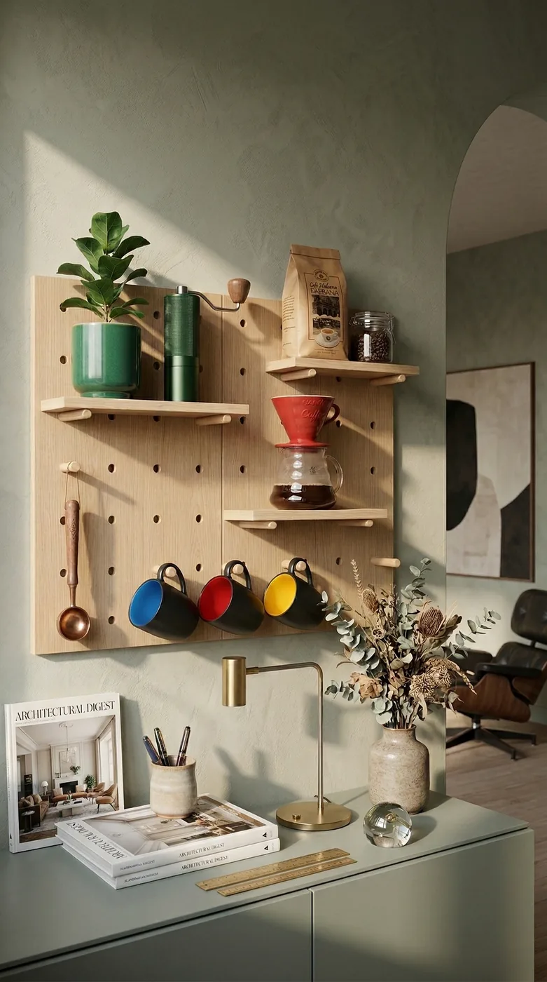 Pegboard wall coffee station with hanging tools