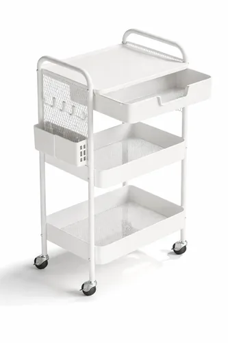 White 3-tier metal rolling cart with storage drawer